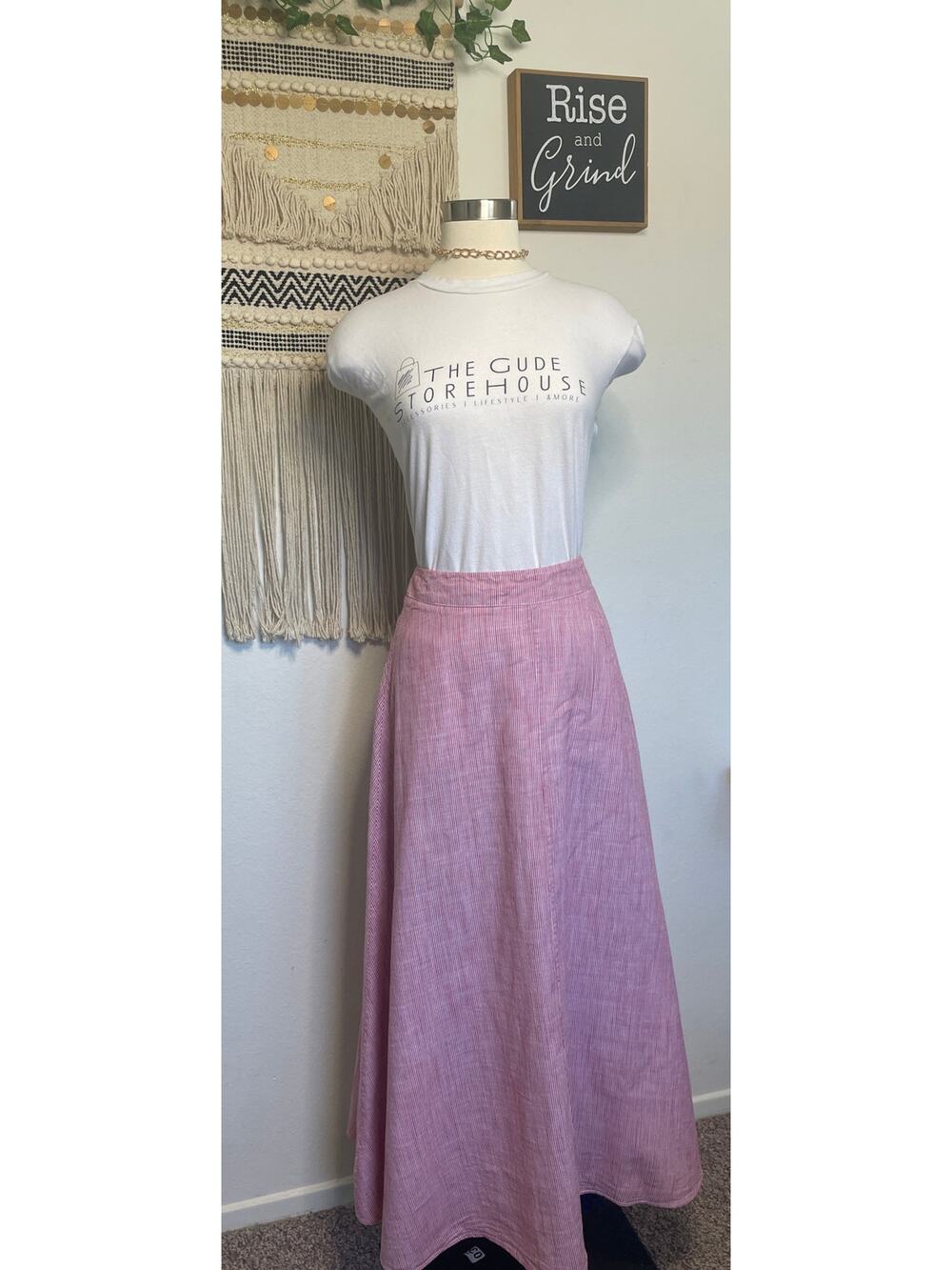 Bird & Knoll 100% Cotton Red White Pin Stripped Long Lined Maxi Skirt | M0